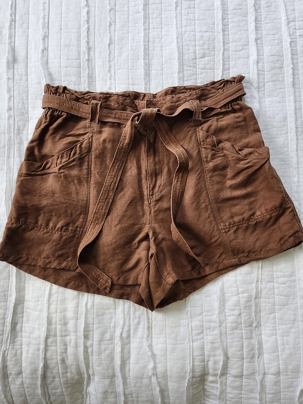 Linen Cotton Blend Old Navy Rust Brown High-Waist Paperbag Tie Shorts M